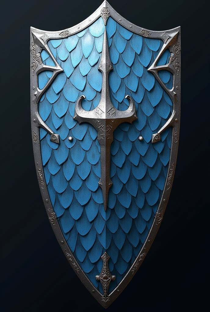 Create a shield that goes from the hand to the shoulder covered with ice blue scales, This protection is part of medieval armor