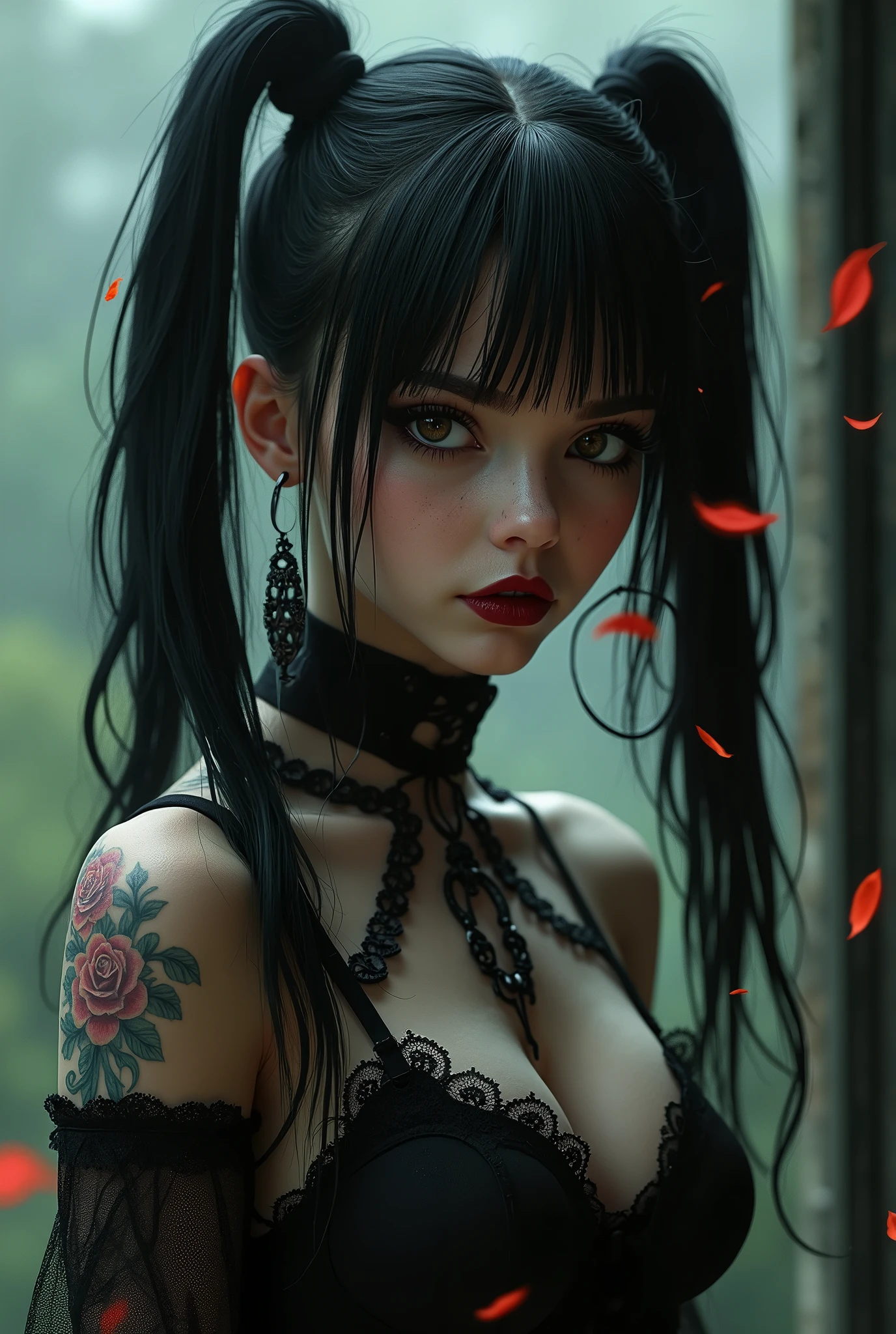 (((Top Quality: 1.4))),(Unparalleled Masterpiece), (Ultra High Definition),(Ultra-Realistic 8k CG),art by Luis Royo,
1, (Mary Maylin), gothic punk girl, detailed cute face, black hair, gothic punk fashion, highly detailed gothic fashion, lace material, see-through, short skirt, heavy make up, black and red hair, (Tattoos on the arms only).
(dark red lipstick), size.
London mansion background, Back light effect, lens flare, depth of fields, blurry background, Detailed face,1 girl, Cygnus, Detailed eyes, pigtails, mesh, hair bangs,