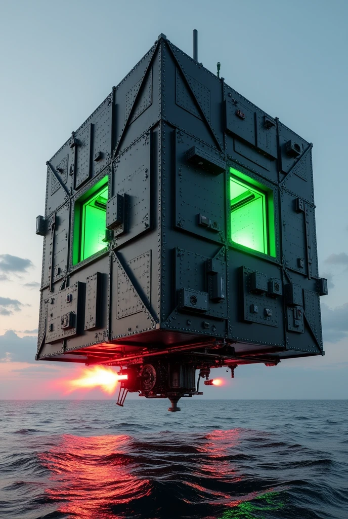 Black cube made of metallic materials with geometrically distributed panels which have slots from which green and red neon lights emerge, black sheet, Stainless steel, exposed mechanical elements, motor, gear, pipelines, cabling, turbojet thrusters, fire ejectors, levitating over the ocean.