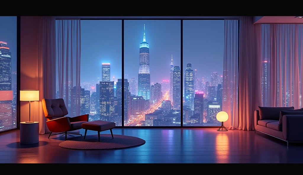 arafed view of a city from a window with a chair and a lamp, skyline showing from the windows, cityscape in the window, window and city background, super wide view of a cityscape, overlooking a modern city, neon cityscape background, big open floor 8 k, neon lights in background, many large windows, 4 k cinematic panoramic view, with glowing windows