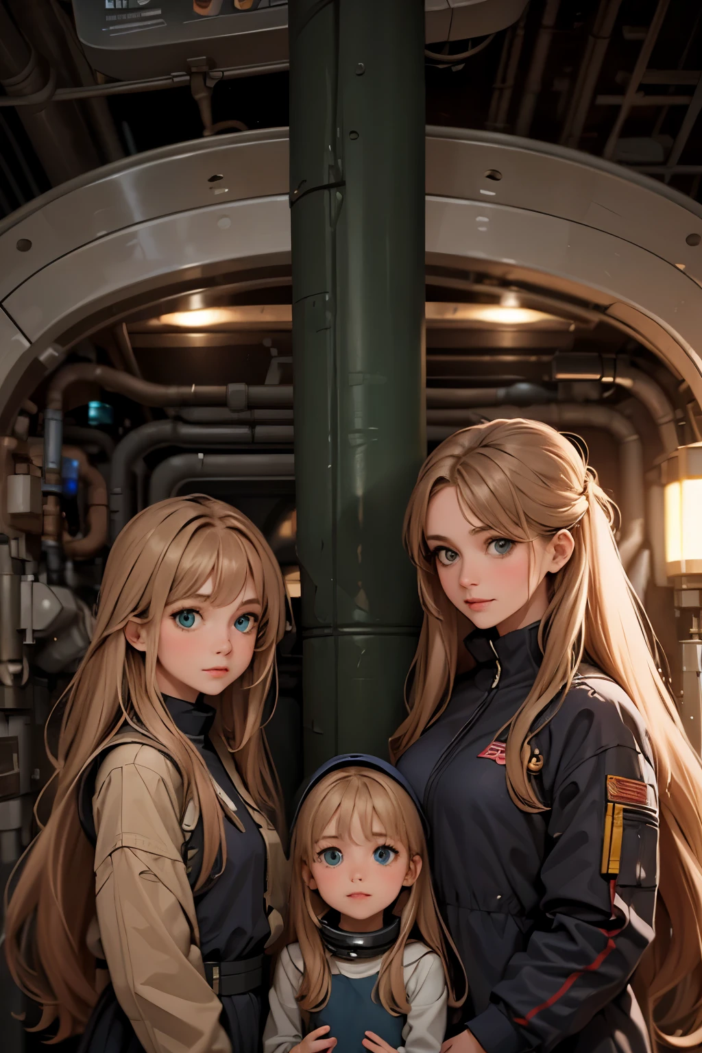 two little girls and a mother in a space station, a with long blond hair, a with long brown hair. Mom with long hair and dark green eyes