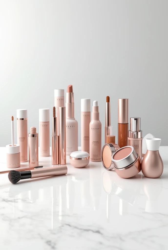 Professional makeup on a white table, 4K, Modern, luxury, expensive and diverse packaging. Plata, doradas, view from above, fenty beauty inspiration, 15 products, symetry