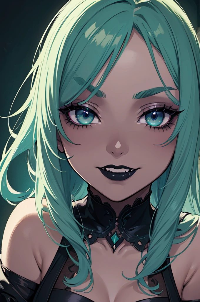 NSFW, 1Woman, ((best quality)), ((masterpiece)), (detailed), beautiful face, (defiance512:1.2), solo, (((sea-green hair))), (((sexy sea-green colour goth outfit))), (((black lipstick))), (((eyeliner))), (((dark eyeshadow))), (((ahego face))), (((long hair))), (((dark-blue eye colour))), (((tanned skin))), (((evil smile dominant expression))), (((bedroom background))), bed, desk, window, led lighting, goth wallpaper, guitar, rug, dark lighting, (evil:1.2), looking at viewer, (interview:1.3), intense seductive gaze, contrasting soft skin, (lighting:1.2), ((best quality)), ((masterpiece)), (detailed), perfect face, (((close-up face view)))