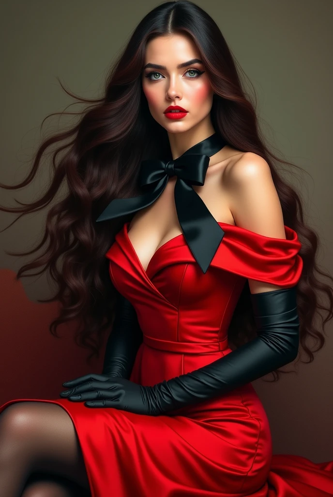 A realistic woman, 2, long hair brunette. She is wearing a red satin dress, arrivant jusqu'aux genoux. Elle porte des gants en satin noirs et un épais ruban en satin noir autour du cou dont on ne voit pas le noeud car il se trouve derrière le cou de la femme. She has a beautiful red lipstick and black doe-eyed eyeliner.. She also wears black stockings and red high heels.