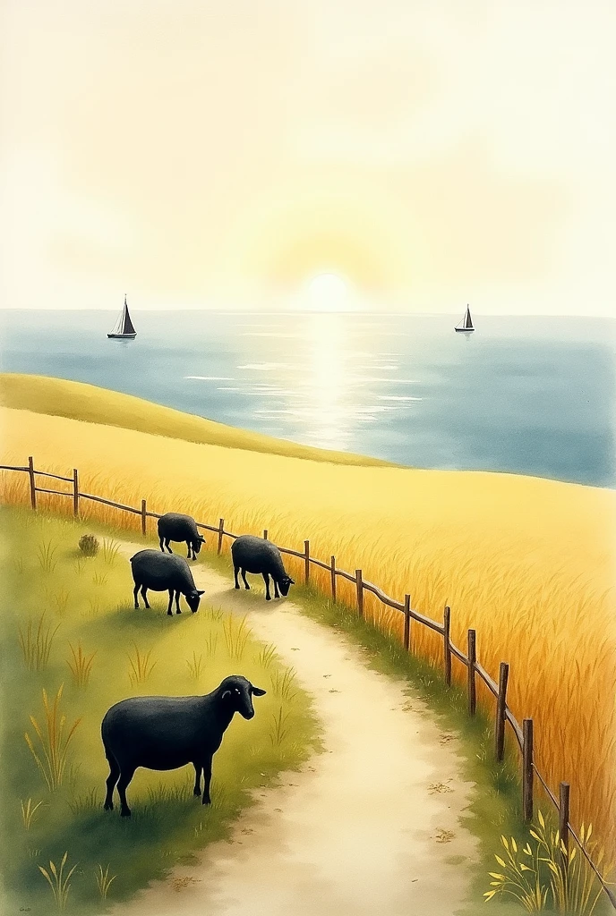 Dessin peinture aquarelle avec espaces blancs et contours non définis : petit chemin sinueux à droite grand champ de blé et à gauche lande avec petits moutons tout noirs qui paissent l'herbe dans un enclos derrière un grillage et au loin la mer très calme avec quelques bateaux, le tout inondé de soleil