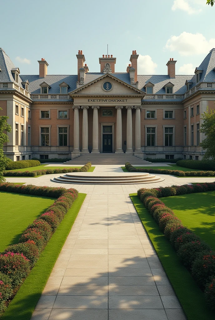 Create a very big headquarters with British architecture.The words EXECUTIVE DOCKET exposed the compound has a driveway grass and flowers neatly organized no trees I can't see the words Executive Docket on the concrete of the building I want to see the words I want the words no trees