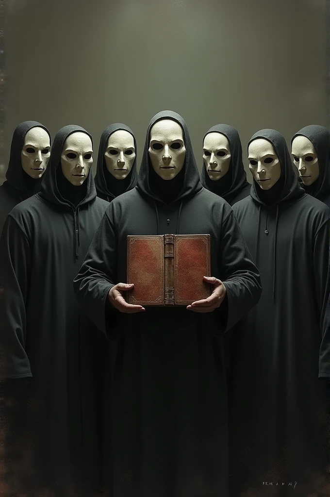 Seven men in masks standing side by side holding a Bible