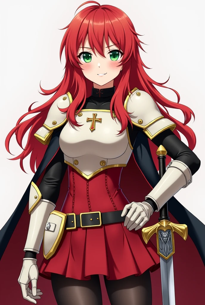 Make it anime-style, Human Skyler is a beautiful girl with long straight hair., of a vibrant red hue, that have slightly wavy locks, providing it with volume. Her bangs are wavy and slightly disheveled., partially covering your forehead and part of your eyebrows.
Your face radiates happiness, with a bright smile illuminating her delicate, fine features, highlighted by freckles on the cheeks and a straight nose. Her big, bright eyes are green, standing out like precious gems. Thin eyebrows add intensity to your look.

Skyler is wearing a short, tight dress, strapless and with a straight neckline, in a scarlet tone that highlights your beautiful curves, while the skirt falls elegantly to mid-thigh.

Skyler wears a compact off-white metal breastplate that covers only her bust., with thick golden edges, leaving the shoulders and part of the abdomen unprotected. In the center of the chest, there is a small gold cross with slightly flared arms and tips that resemble arrows.

in the arms, long dark silk gloves extend past the elbows, each glove is equipped with a rectangular metal plate integrated into the back of the hands. On the forearms, whitish metal guards extend, integrating with the elbow pads, both decorated with golden flames on their surface.
Fitted to the waist, is a black leather belt with a gold buckle, where a long sword is sheathed. She wears black silk stockings that cover her legs above the knees.. The leg guards are white steel with gold flame details., covering the lower legs. Your boots are high, reaching below the knees, with integrated shin guards and robust triangular-shaped knee pads.

Over the shoulders, Skyler wears a long black cape with red lining, held by a silver griffin brooch, that flows elegantly along your back.