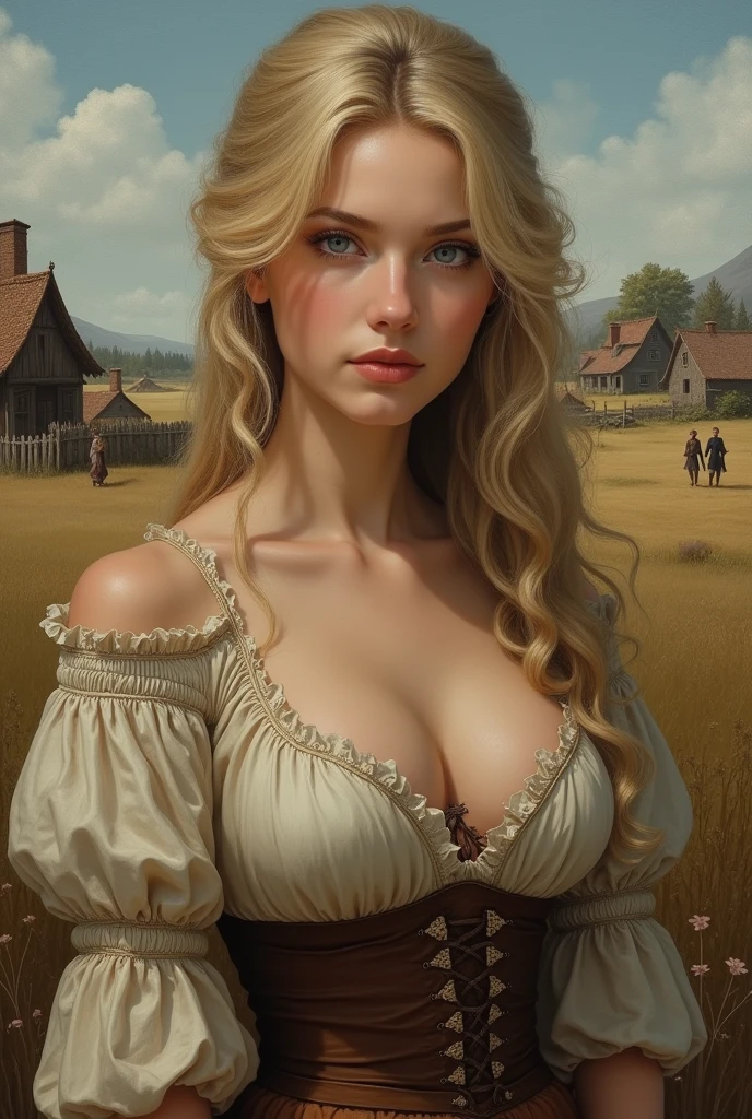 Masterpiece, Best Quality, (Perfect Face:1.1) , (High Detail:1.1), a photograph of Guinwen by Crvgg, Guinwen as a young maid, 8k, 1 girl, realistic photograph, pretty face, Face of Guinwen, beautifully detailed eyes, muito detalhado, blond hair, blonde hair, gray eyes, visible waist, large breasts, huge breasts, full cleavage, Hairline, in the background a medieval farming village, Farmers in the background, Peasant dress, fully clothed, Mediovale, Portrait, Fields in the background, small farmhouses, full body, oil painting, nipples showing,(photorealism:1.2), photorealistic,