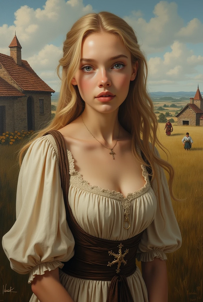 masterpiece, oil painting of Guinwen as a peasant girl, 8K, 1 girl, realistic oil painting, pretty face, Gesicht von Guinwen, beautifully detailed eyes, sehr detailliert, blondes Haar, blonde Haare, graue Augen, sichtbare Taille, large breasts, huge breasts, Haaransatz, dancing in the spring, voll bekleidet, medieval, Portrait, harbour in the background, cages, full body, ((oil painting)), full cleavage