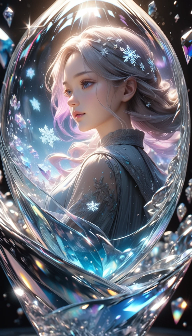 a black canvas, transparent sparkling snowflakes falling, transparent holographic reflections, (best quality,4k,8k,highres,masterpiece:1.2),ultra-detailed,(realistic,photorealistic,photo-realistic:1.37),highly detailed, intricate, hyperrealistic, cinematic lighting, dramatic lighting, volumetric lighting, 3D depth, crystal-like textures, glass-like surfaces, ethereal, dreamlike, mystical, otherworldly, magical, glowing, shimmering, refracting, iridescent, translucent, luminous, radiant
