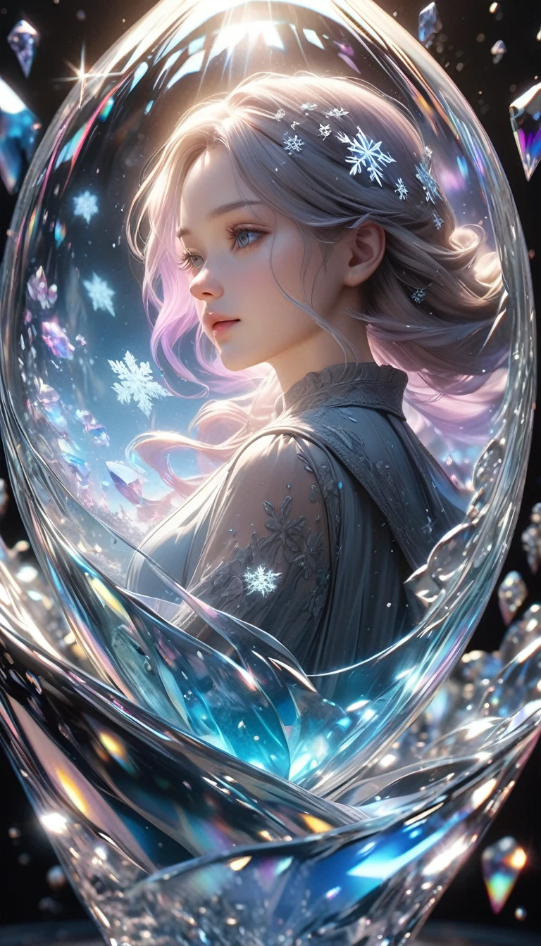 a black canvas, transparent sparkling snowflakes falling, transparent holographic reflections, (best quality,4k,8k,highres,masterpiece:1.2),ultra-detailed,(realistic,photorealistic,photo-realistic:1.37),highly detailed, intricate, hyperrealistic, cinematic lighting, dramatic lighting, volumetric lighting, 3D depth, crystal-like textures, glass-like surfaces, ethereal, dreamlike, mystical, otherworldly, magical, glowing, shimmering, refracting, iridescent, translucent, luminous, radiant