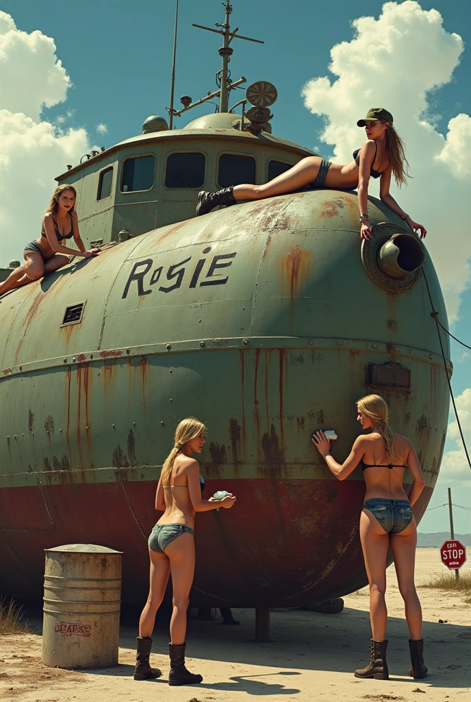 Four scantily clad women are cleaning a huge, worn-out military vessel covered in oil stains. They are scattered around the machine: A woman is lying on top , Another is leaning forward cleaning one of the stains, while two more stand on the sides, working with sponges and buckets of water. Women wear military boots and show fun and playfulness, while one of them is wearing a leather jacket and a military cap. The ship has the name 'Rosie' written on its side, and the scene has a sunny background with fluffy clouds and a bus stop sign in the background, adding a surreal and provocative tone to the scene
