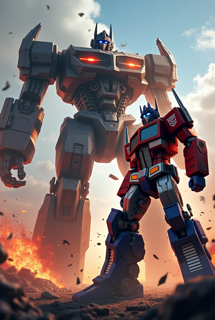 optimus prime vs jager in pacific rim with more vibrant color and destruction background
