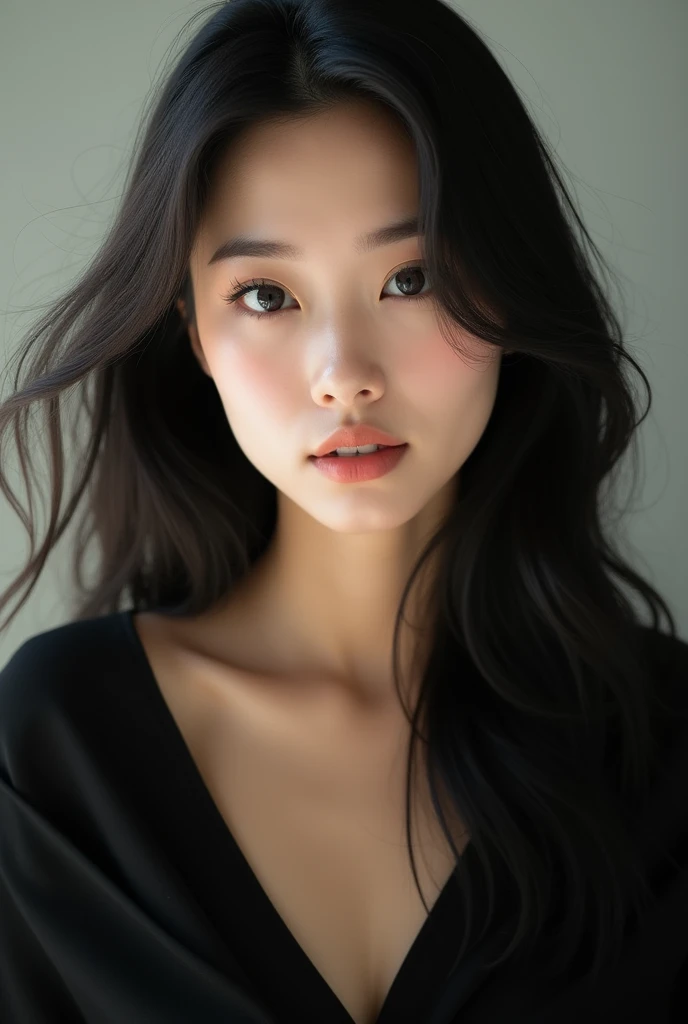 front face of beautiful asian woman 2 with black clothes loose hair
