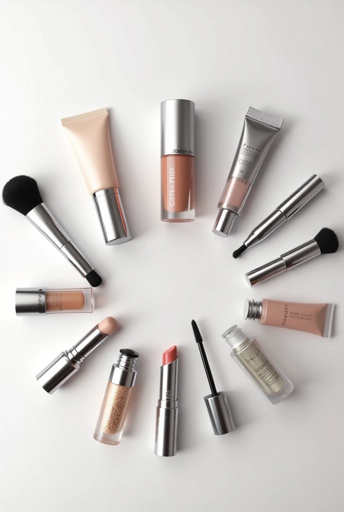 Professional makeup on a white table, 4K, Modern, luxury, expensive and diverse packaging. Plata, doradas, view from above, fenty beauty inspiration, 15 products, symetry