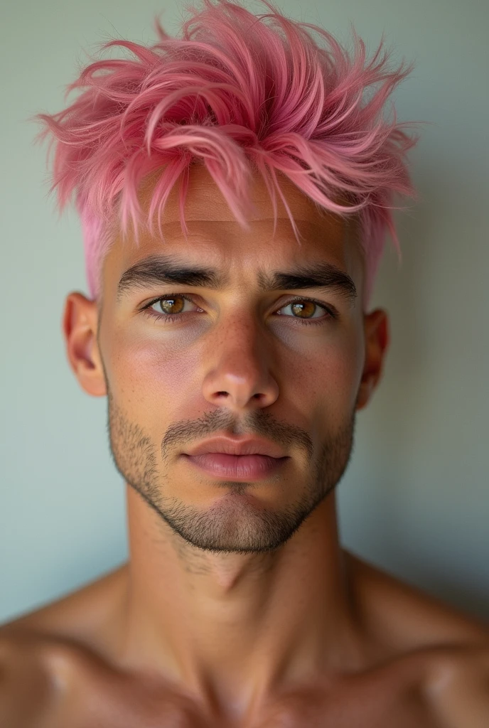 A man with pink hair and brown eyes tanned skin this man is 2 leave less Cartoon I want realism 