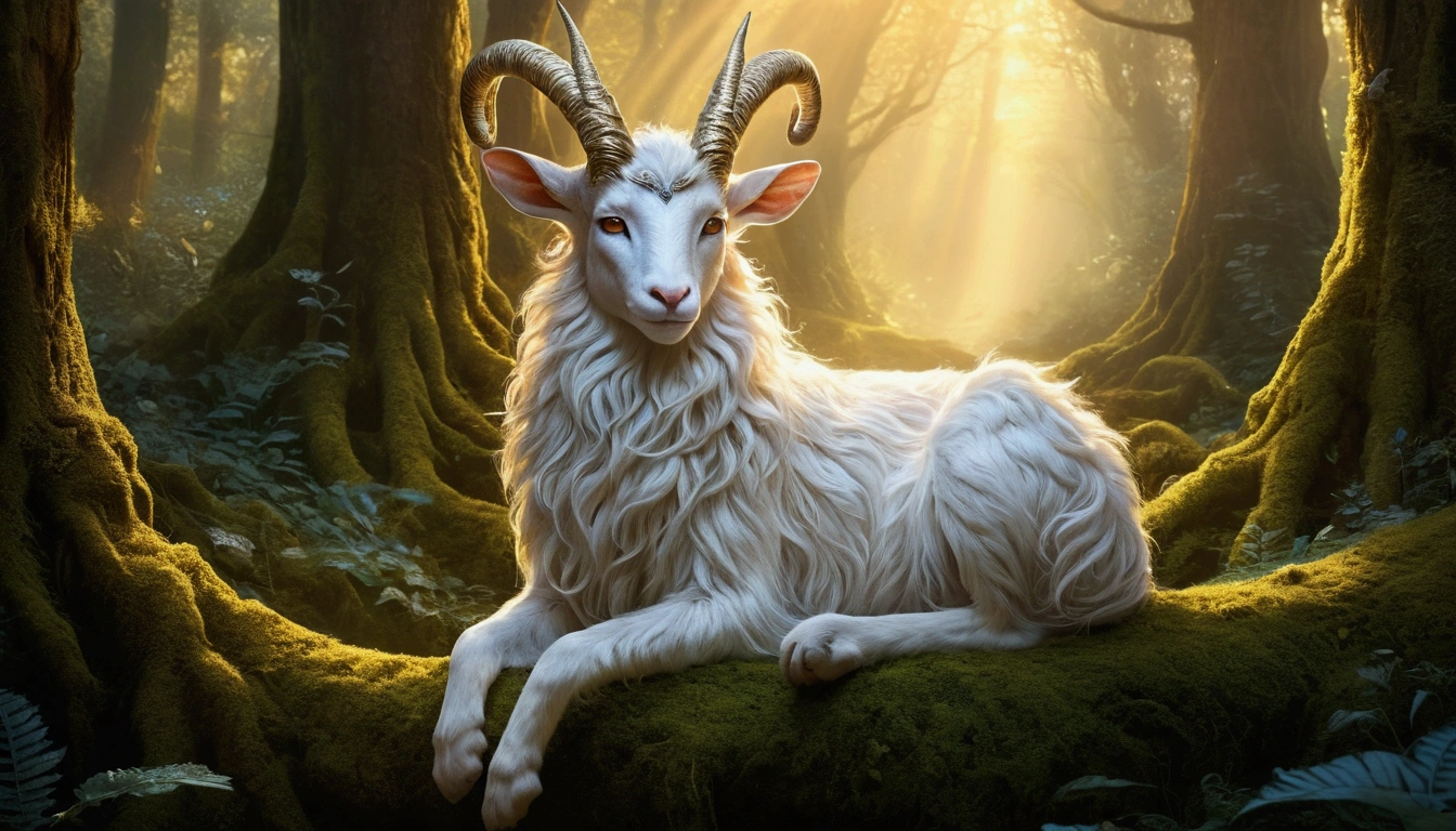 A beautiful animal, enchantingly elusive humanoid faun, white fur, every aspect exudes magic in the midst of danger: shimmering rainbow fur, ethereal golden horn, and eyes that seem to hold the secrets of the universe. The mystical creature is surrounded by a lush, enchanted forest, bathed in the soft light of the setting sun, creating a dreamlike atmosphere that transports viewers to a realm of fantasy and wonder. This breathtaking image is a digital painting that captures the essence of the mythical creature with stunning detail and masterful technique, making it a truly mesmerizing work of art, 32K UHD, Style Raw