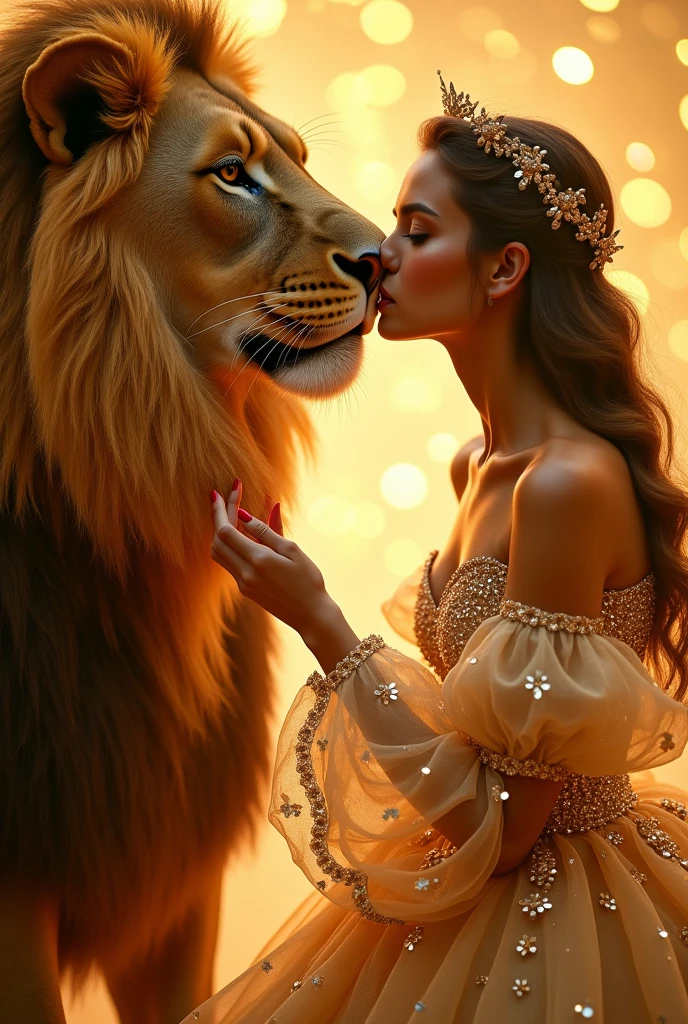 A womman kissing the forhead of a lionn with a golemden sunny and soarkly background and womend shoud wear a golden fancy fluffy huge full sleeve net dress with full of glittesr and the photo must be magical an the women's hand should be on the lion's cheek

