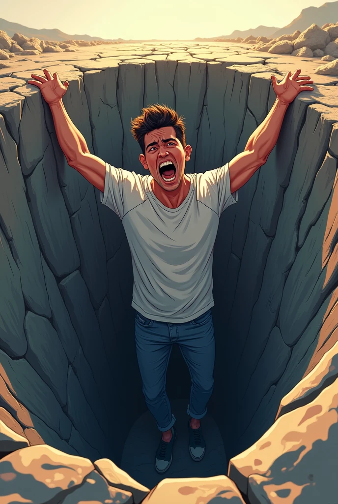 Generate 16×9 YouTube Thumbnail of a guy trying to get out of the friend zone. Thumbnail should be striking eye catching, so make it a 10/10 rating. And the guy should be like trying to get out of the friend zone pit. It should be an illustrative image.