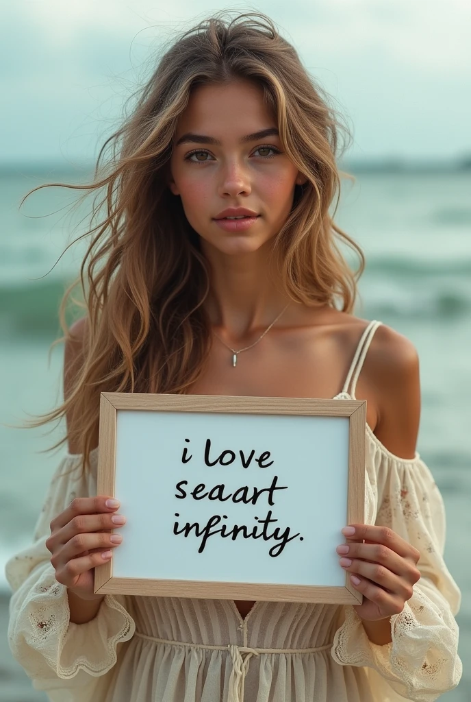 Beautiful girl with wavy long hair, bohemian dress, holding a white board with text "I Love Seaart Infinity" and showing it to the viewer
