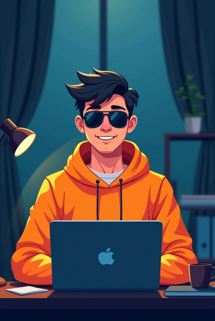 ANIME FRIENDLY LOOKING MALE BUSINESS CHARACTER, A ORANGE HOODIE AND SUNGLASSES. HE IS SITTING BEHIND HIS LAPTOP IN HIS OFFICE, ARMS ON HIS DESK. IT IS NIGHT. THE ROOM HAS VOLUMETRIC
LIGHTING. HE IS FRONT FACING TO THE CAMERA, LOOKING STRAICHT AND CENTERED, CENTRAL PORTRAIT, SITTING STRAIGHT, FRONT VIEW, CENTERED LOOKING STRAIGHT. THE OVERALL AMBIANCE OF THE IMAGE SHOULD CONVEY A CONNECTION TO MINIMALISM, FLAT ILLUSTRATION, BOLD LINE, MINIMALISM, SIMPLIFIED, GOUACHE ILLUSTRATION. 8K RESOLUTION con el fondo llamativo del cuarto
