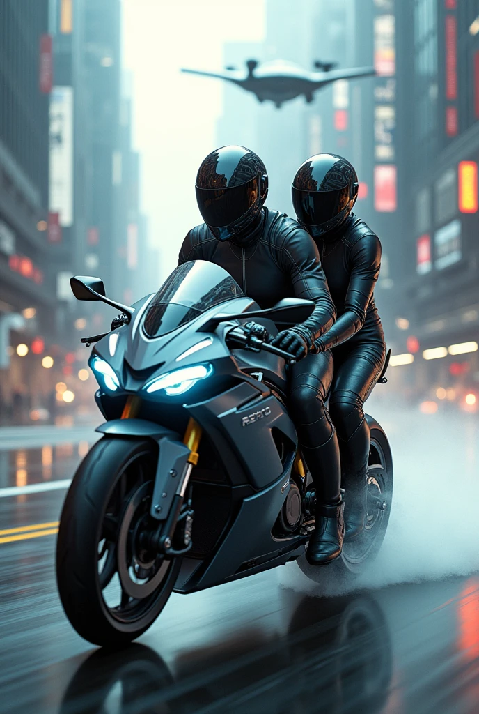 Man and woman wearing futuristic gear while on sport bike