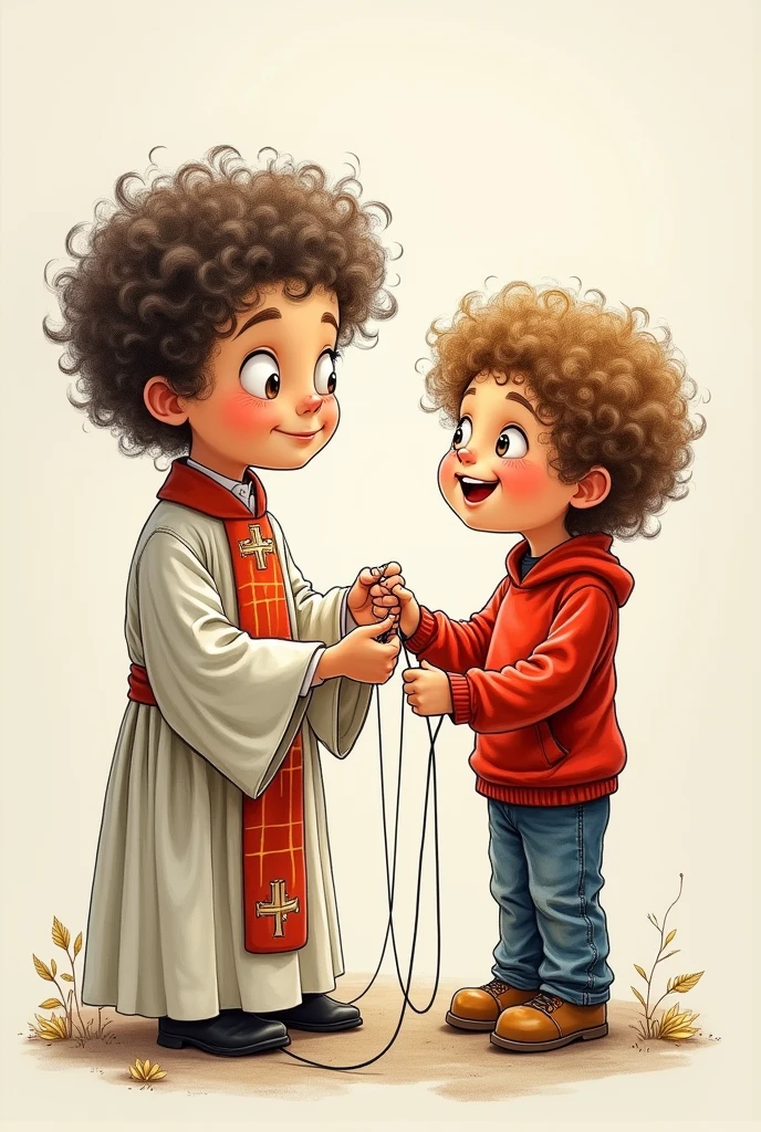 Color drawing of a priest playing with a string puppet resembling a curly-haired boy wearing a red sweatshirt