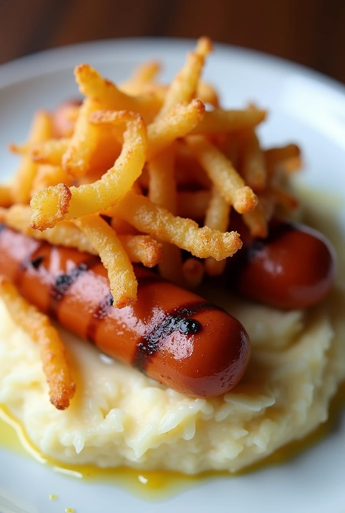 Double hot dog with mashed potatoes and straw potatoes