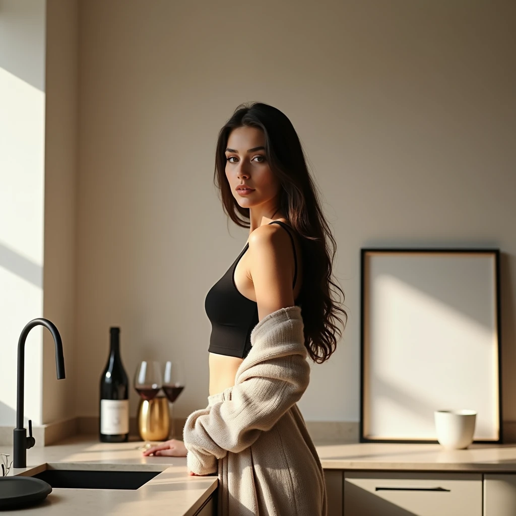 A beautiful young woman with long hair, dressed in a black crop top and a light beige open cardigan, stands beside the countertop of a sleek, modern kitchen. The kitchen has neutral-toned cabinetry and a minimalist aesthetic. A thin black frame with a DIN A aspect ratio hangs on the wall next to her, featuring a blank canvas that naturally reflects the ambient colors of the room. The frame is clearly in focus, unobstructed by any items, highlighting its clean and understated design. The bottle of wine and the glass are placed further down the counter, ensuring they do not block the frame. The lighting is soft, creating a warm, inviting atmosphere where every element is crisp and well-defined.