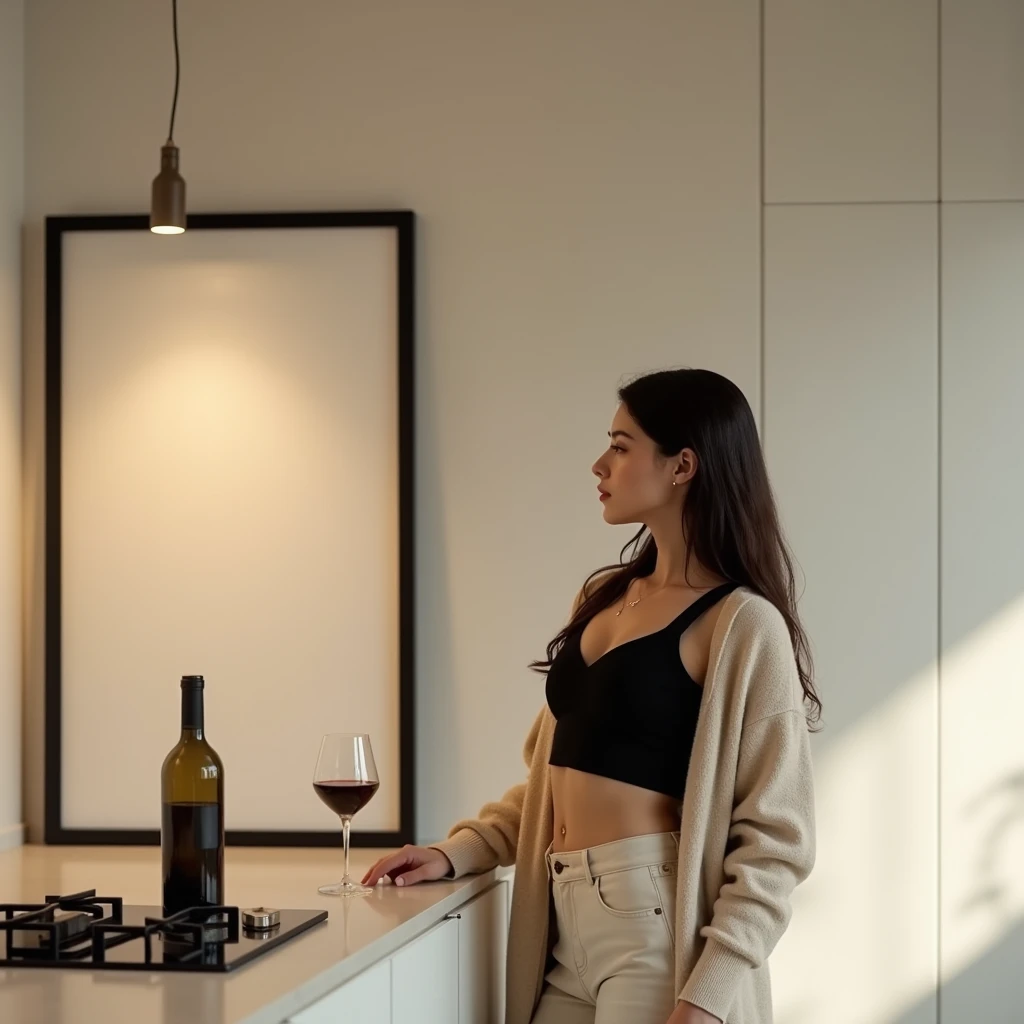 A beautiful young woman with long hair, dressed in a black crop top and a light beige open cardigan, stands beside the countertop of a sleek, modern kitchen. The kitchen has neutral-toned cabinetry and a minimalist aesthetic. A thin black frame with a DIN A aspect ratio hangs on the wall next to her, featuring a blank canvas that naturally reflects the ambient colors of the room. The frame is clearly in focus, unobstructed by any items, highlighting its clean and understated design. The bottle of wine and the glass are placed further down the counter, ensuring they do not block the frame. The lighting is soft, creating a warm, inviting atmosphere where every element is crisp and well-defined.