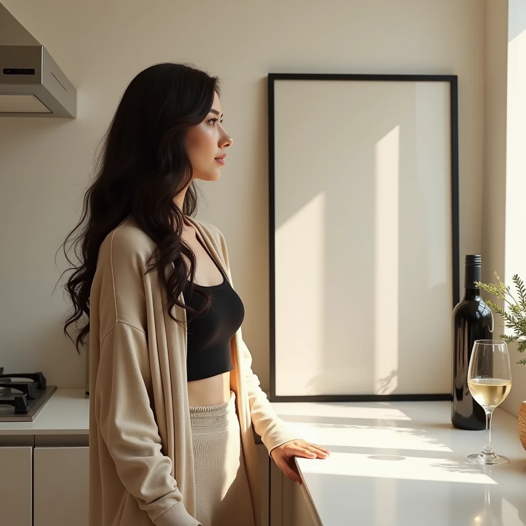 A beautiful young woman with long hair, dressed in a black crop top and a light beige open cardigan, stands beside the countertop of a sleek, modern kitchen. The kitchen has neutral-toned cabinetry and a minimalist aesthetic. A thin black frame with a DIN A aspect ratio hangs on the wall next to her, featuring a blank canvas that naturally reflects the ambient colors of the room. The frame is clearly in focus, unobstructed by any items, highlighting its clean and understated design. The bottle of wine and the glass are placed further down the counter, ensuring they do not block the frame. The lighting is soft, creating a warm, inviting atmosphere where every element is crisp and well-defined.