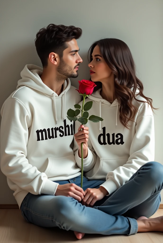 A 4k quality highly detailed Realistic portrait  Handsome 28 year slim smart , guy  White Hoodie with 30 year beautiful women in a White Hoodie, the girl has a red rose flower in her hand and is sitting on down floor, with romantic mode, no smile, written "Murshid" in the boy hoodie and "Dua" in girl's hoodie, 