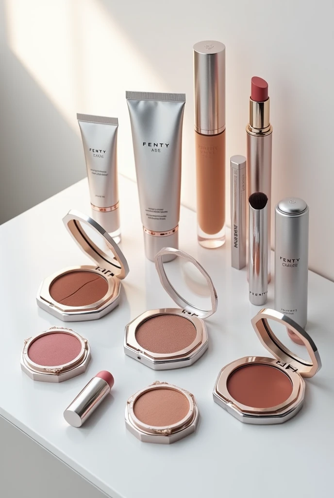 Professional makeup on a white table, 4K, Modern, luxury, expensive and diverse packaging. Plata, doradas, view from above, fenty beauty inspiration, 15 products, symetry, Pabllo vittar&#39;s brand