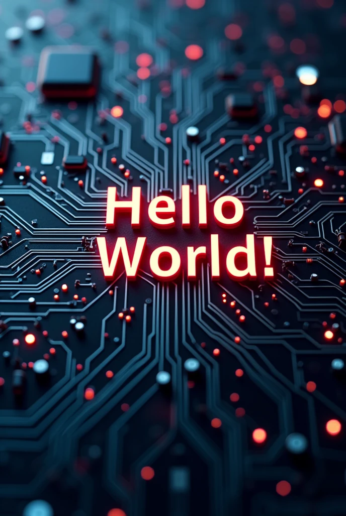 Create the phrase Hello World with programming design, electronic circuits background, in c language++