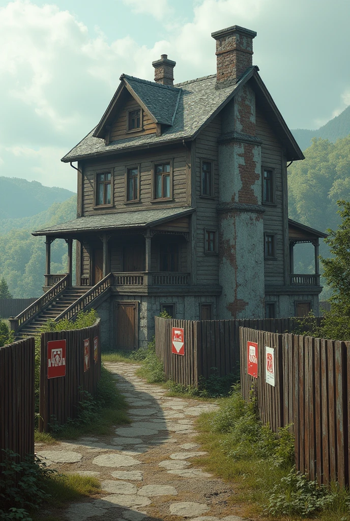 fortified house with fences around it with danger signs