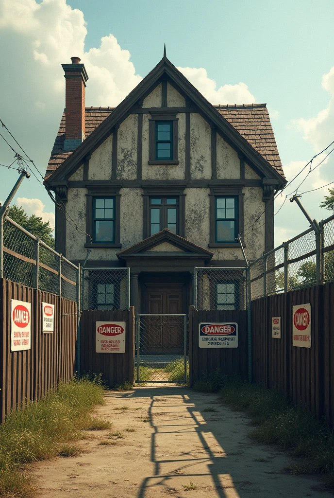 fortified house with fences around it with danger signs