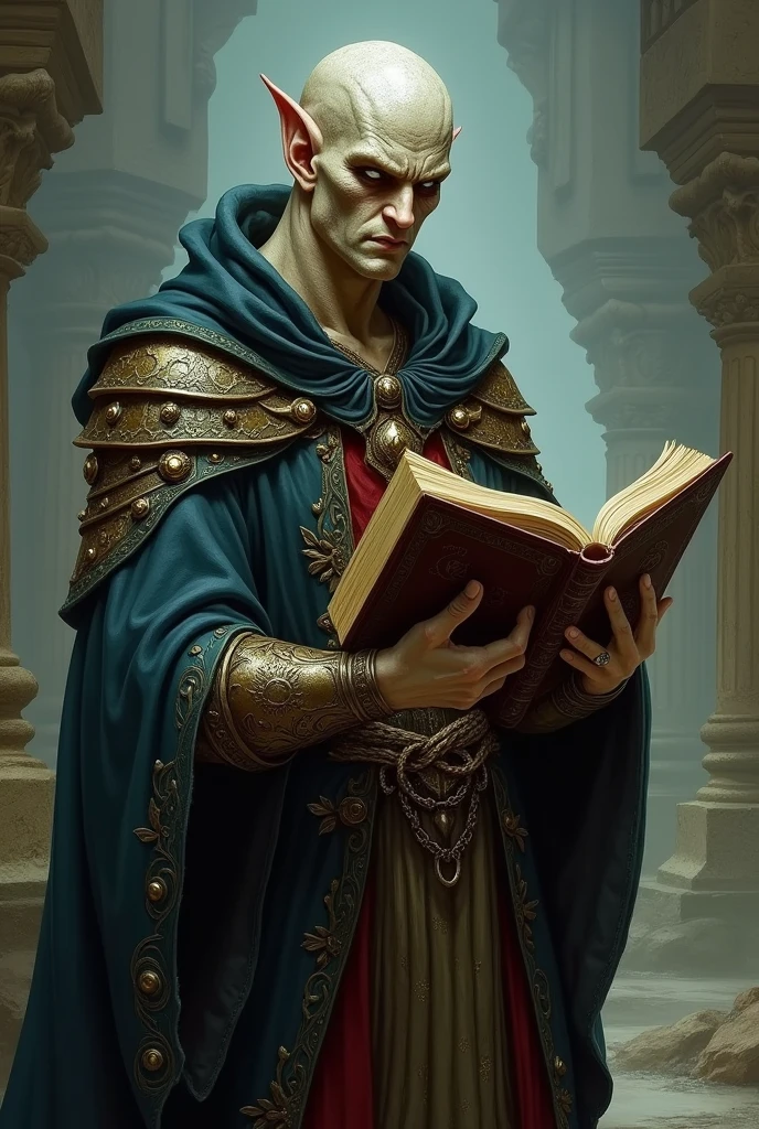 Pure-blood Yuan-ti mage who looks very similar to ordinary humans, he carries a grimoire of spells and wears a robe, he has slitted snake eyes, very few snake scales on the neck and hands.