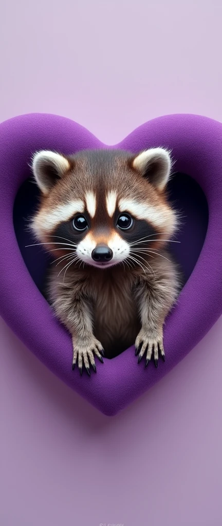 A captivating photograph of a cute extra fluffy baby realistic raccoon. Design of a purple heart with a raccoon inside