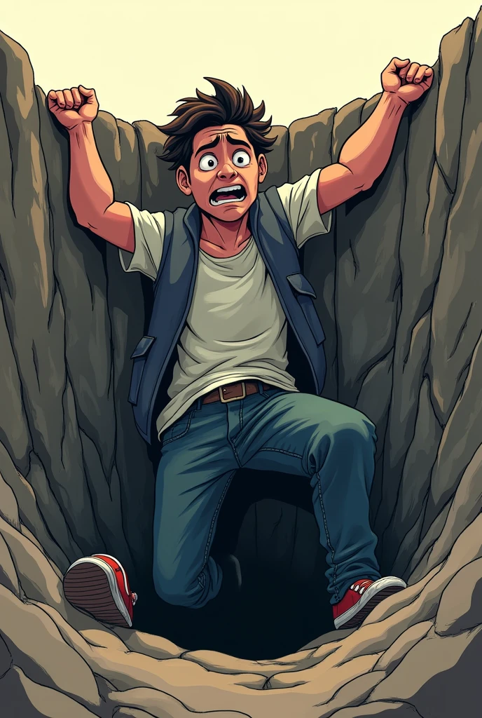 Generate 16×9 YouTube Thumbnail of a guy trying to get out of the friend zone. Thumbnail should be striking eye catching, so make it a 10/10 rating. And the guy should be like trying to get out of the friend zone pit. It should be an illustrative image.