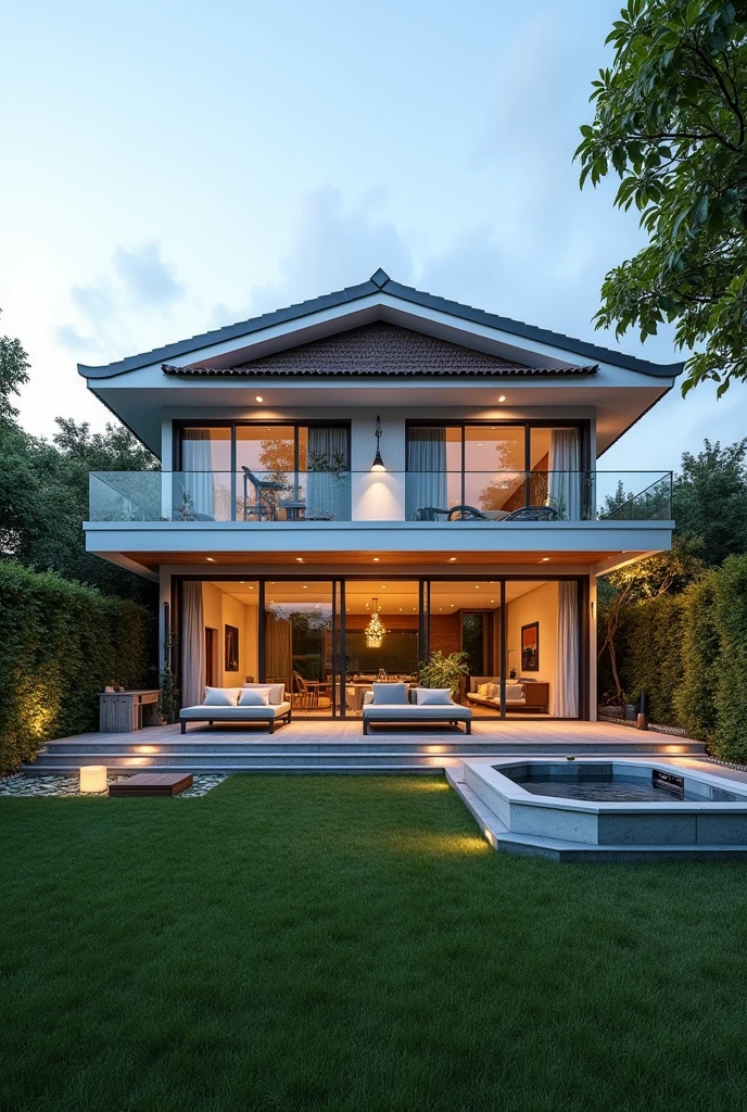 The project of a house on a 420 square meter plot. Two-story house, 4 bedrooms. Grassy backyard with jacuzzi and garden, Gourmet area with barbecue and table to receive friends. Lighting in the garden and green area with hanging plants.