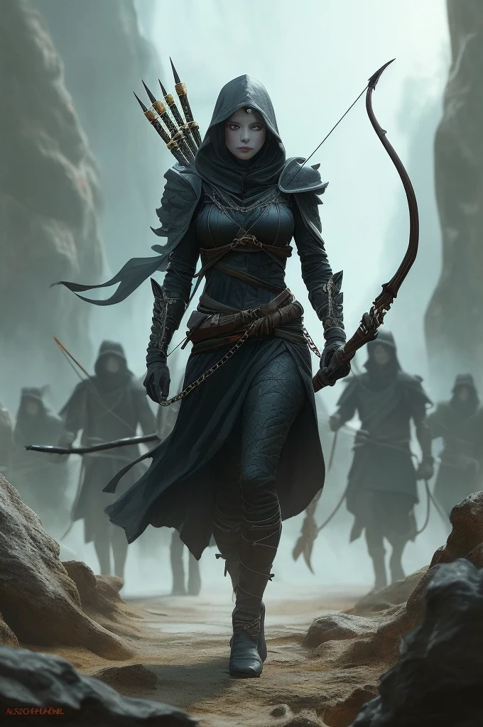 Female Shadar-kai, ranger, armed with fiery whip-chain and bow. Dressed in black with a hood