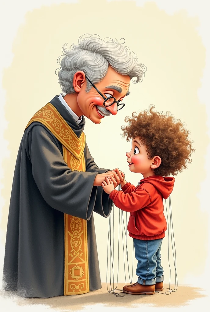 Color drawing of a priest playing with a string puppet resembling a curly-haired boy wearing a red sweatshirt