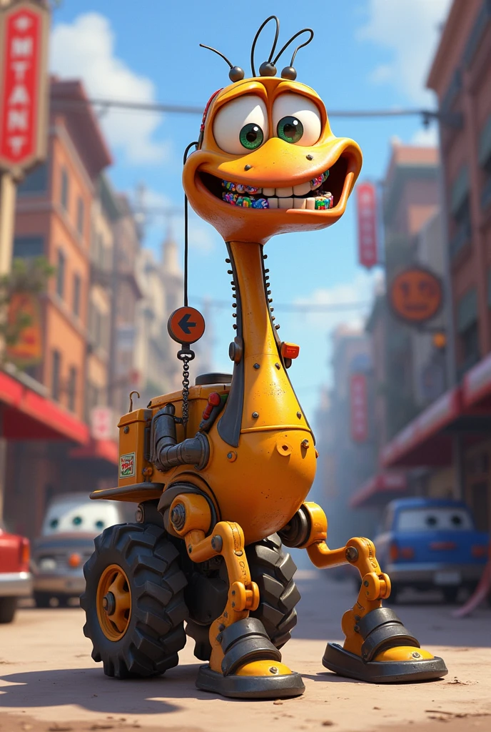 Make a mate of the crane from Cars with braces on his teeth
