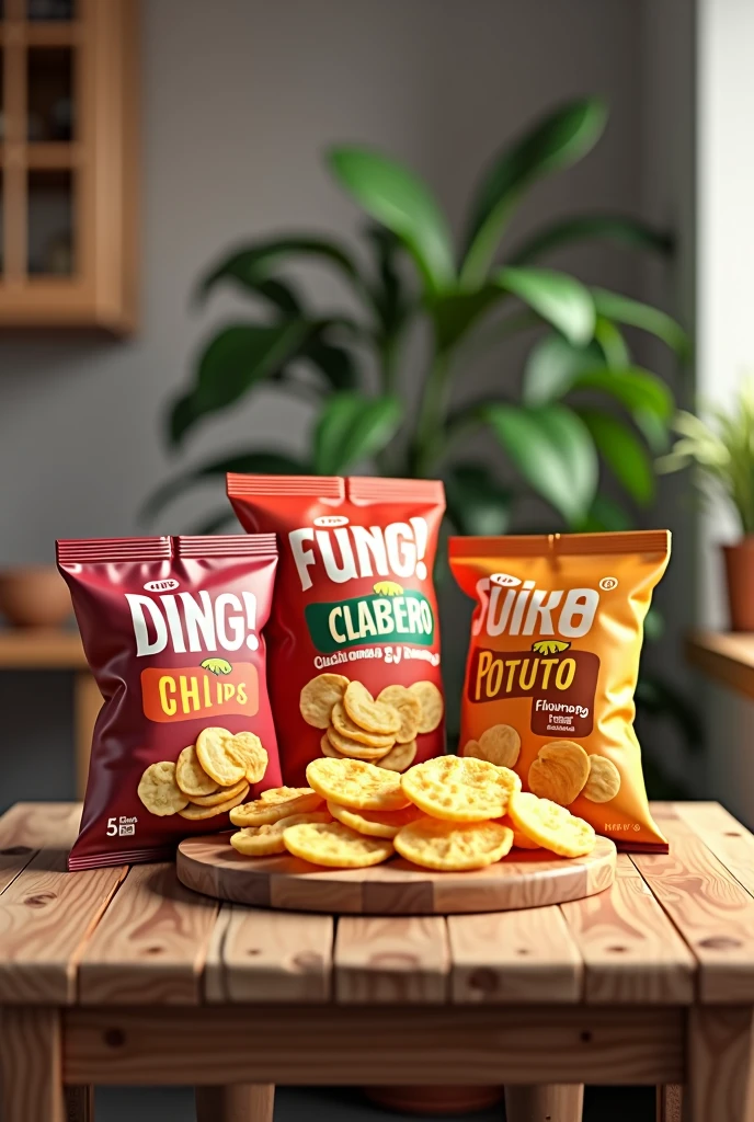 bagged chips and other snacks on a wooden table
