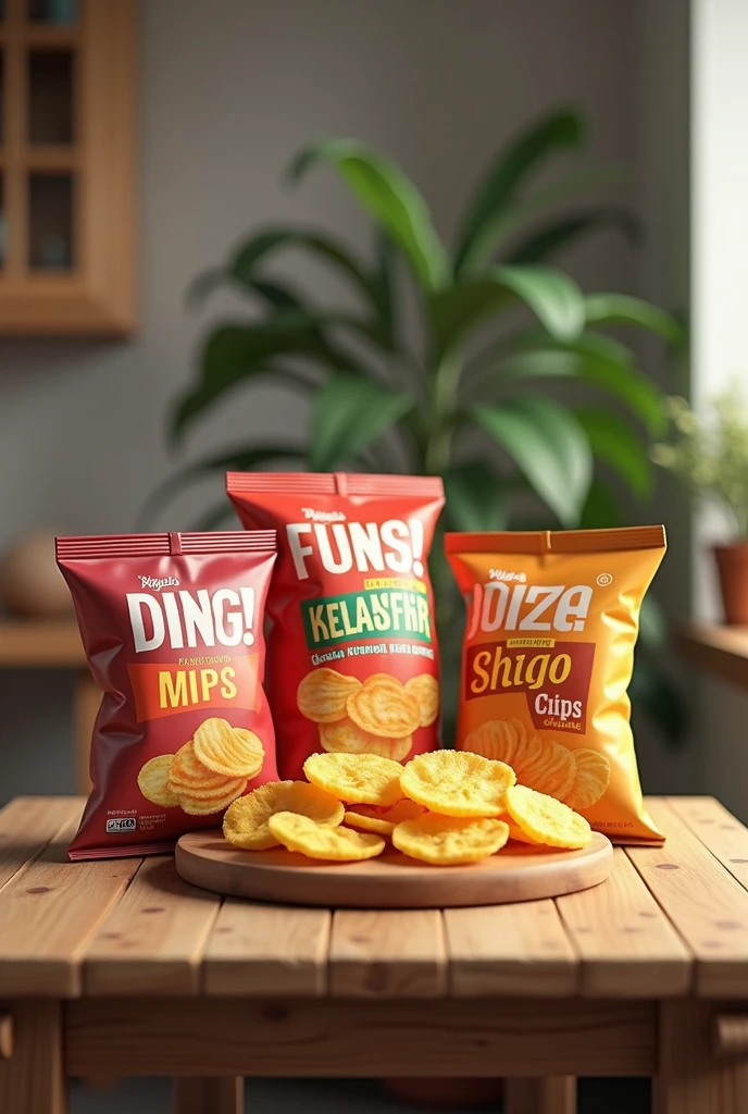 bagged chips and other snacks on a wooden table