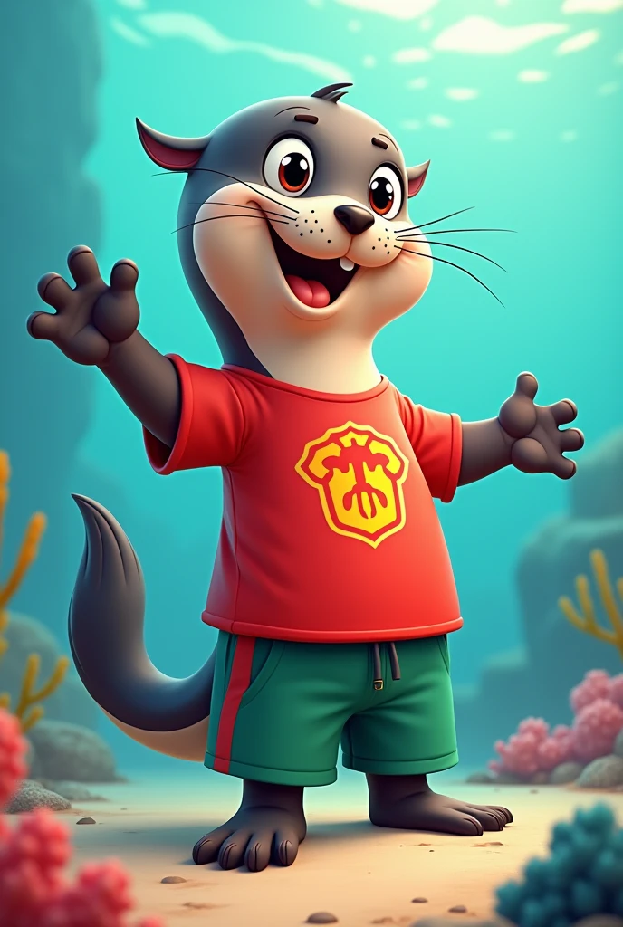 Sea lion mascot with green shorts and animated red shirt

