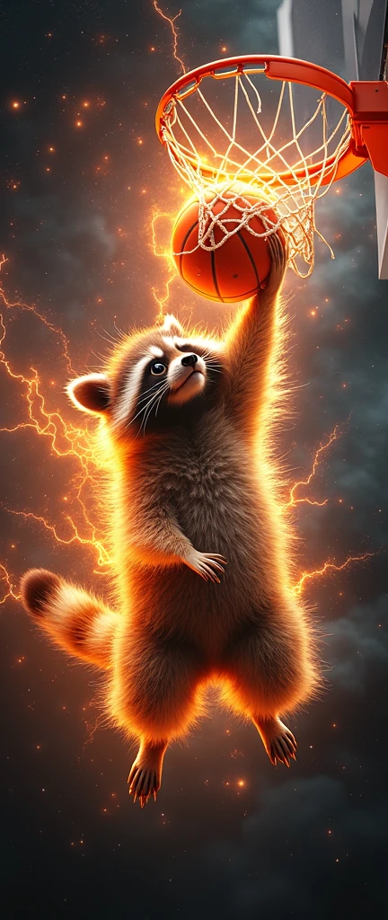 A captivating photograph of a cute extra fluffy baby realistic raccoon. wrapped in flames and thunder in space doing a basketball dunk 

