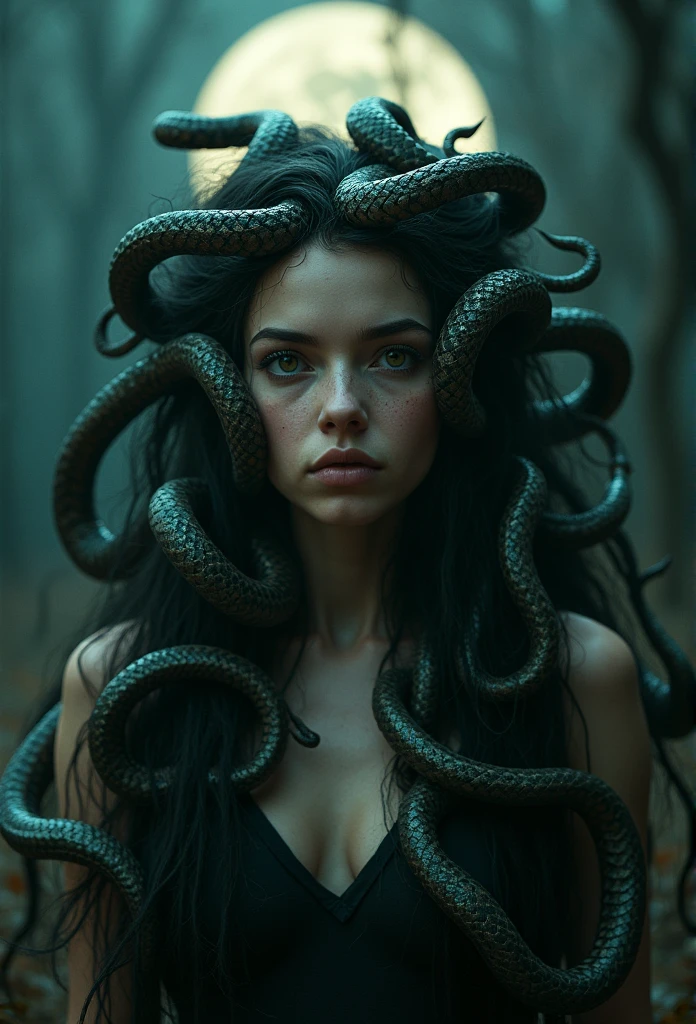 1 woman, Long hair, (20yr old), (Many snakes grow from the heads of beautiful women1.2),Beautiful detailed eyes, Snake hair, Gliding snake, green snake, Hiss, toxic, detailed scale, Horror, A look of surprise, Dark background, Moonlight, spooky ambiance, (Cinematic composition:1.2), fantasy, Surreal, Chilling, fear, Hairy snakes are woven together, Medusa, gorgon, dangers.