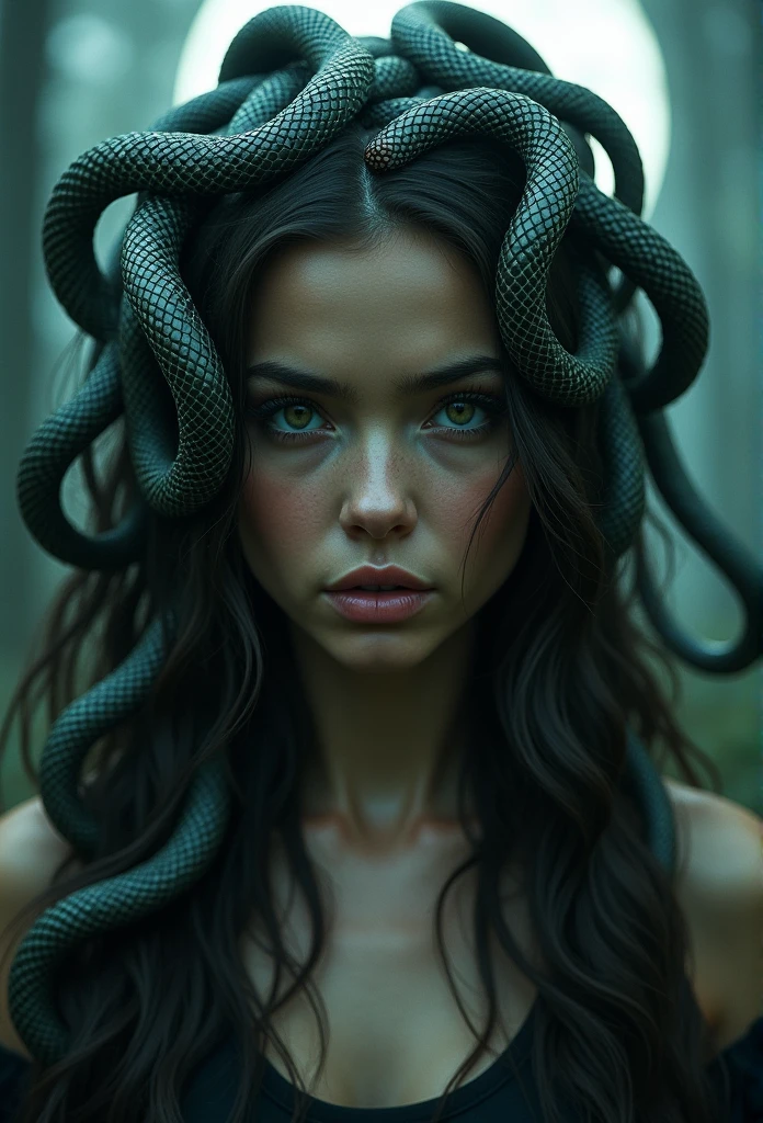 1 woman, Long hair, (20yr old), （Many snakes grow from the heads of beautiful women1.2），Beautiful detailed eyes, Snake hair, Gliding snake, green snake, Hiss, toxic, detailed scale, Horror, A look of surprise, Dark background, Moonlight, spooky ambiance, (Cinematic composition:1.2), fantasy, Surreal, Chilling, fear, Hairy snakes are woven together, Medusa, gorgon, dangers.